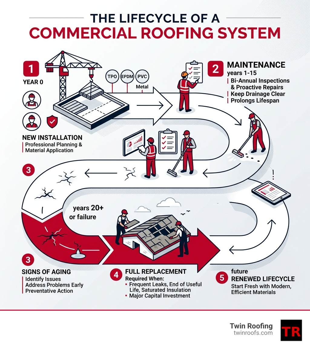 Infographic showing the lifecycle of a commercial roofing system from installation through maintenance to replacement Infographic showing the lifecycle of a commercial roofing system from installation through maintenance to replacement