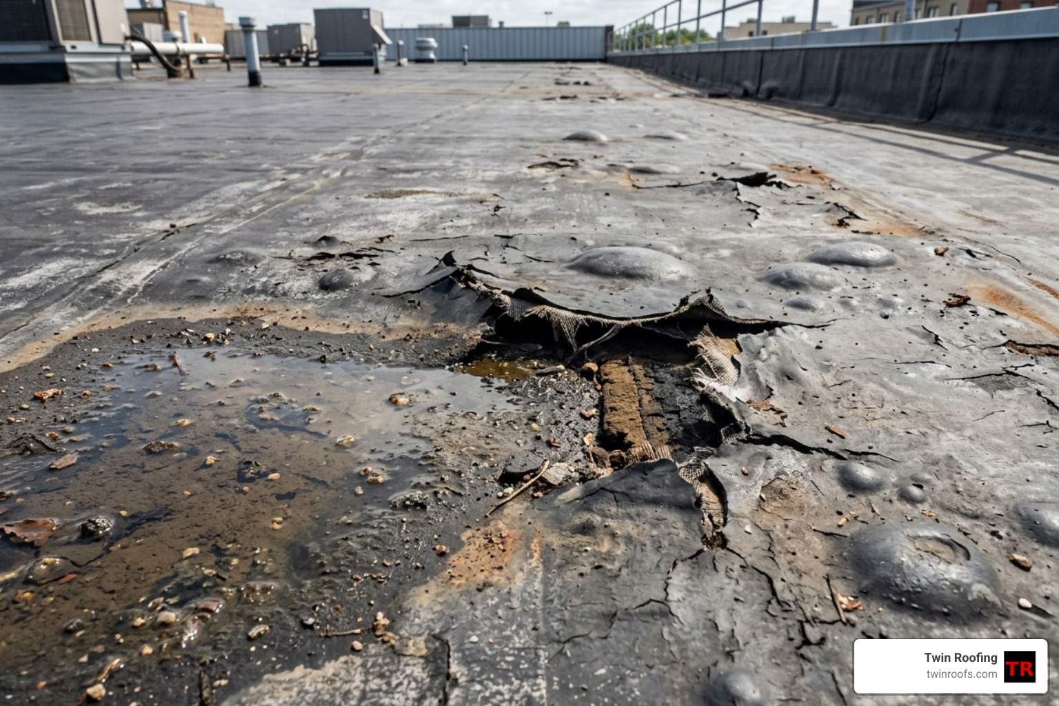 A damaged commercial roof membrane showing signs of wear and tear - commercial roofing replacement A damaged commercial roof membrane showing signs of wear and tear - commercial roofing replacement