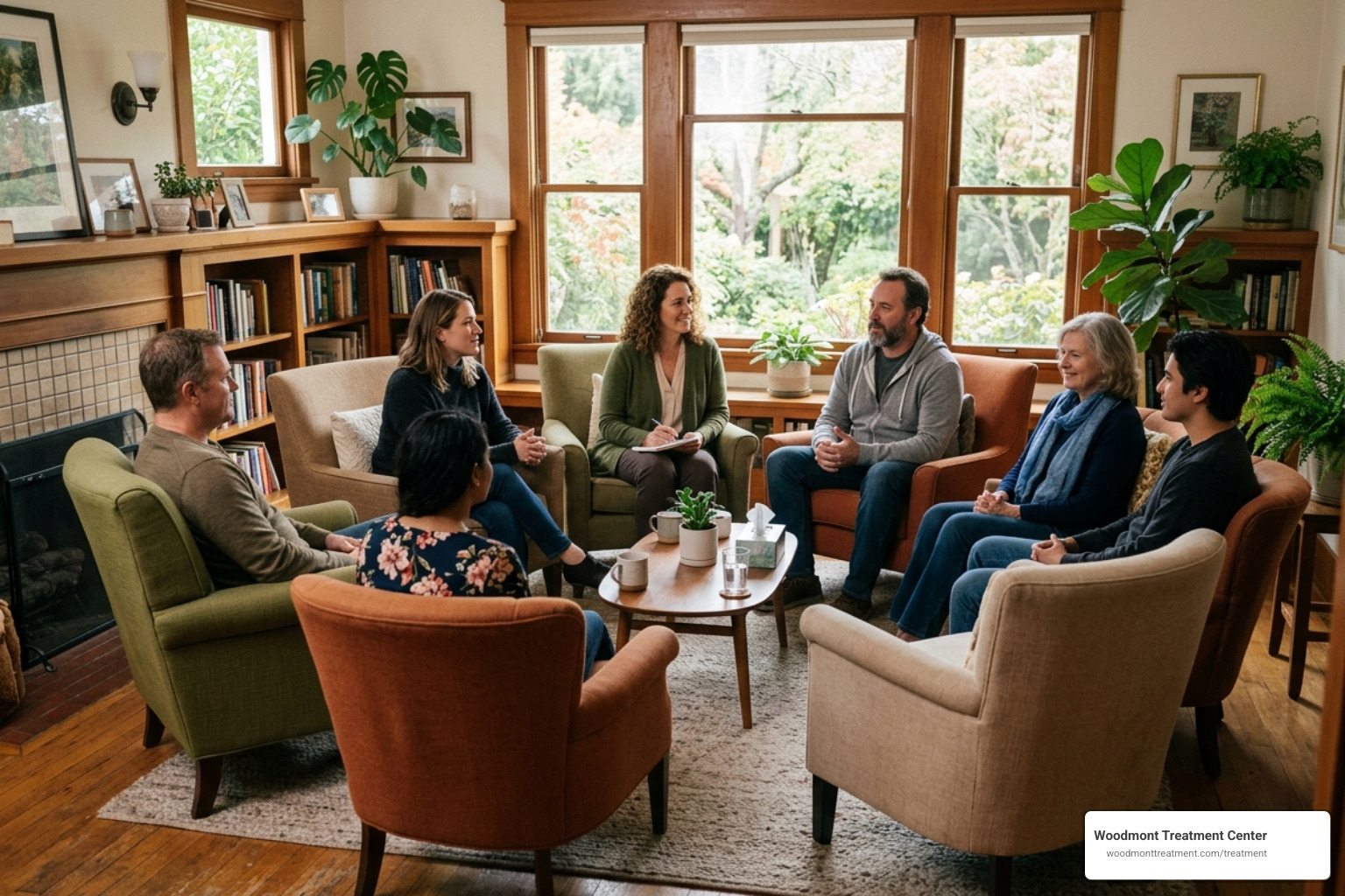 A warm, therapeutic group therapy setting with comfortable seating and natural light - Best Drug Rehab In New Jersey