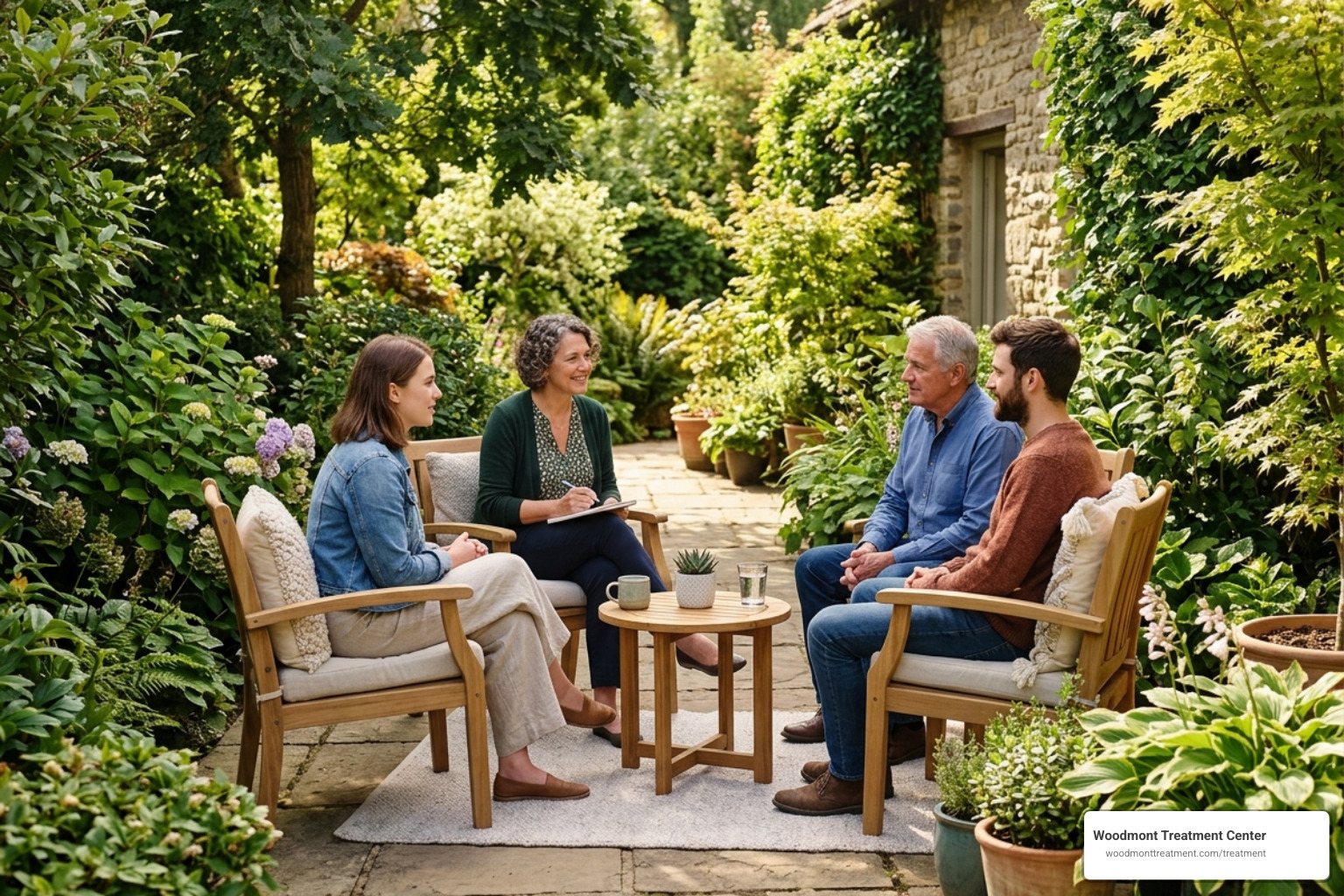 A peaceful outdoor counseling session on a sunlit patio surrounded by greenery - Best Drug Rehab In New Jersey