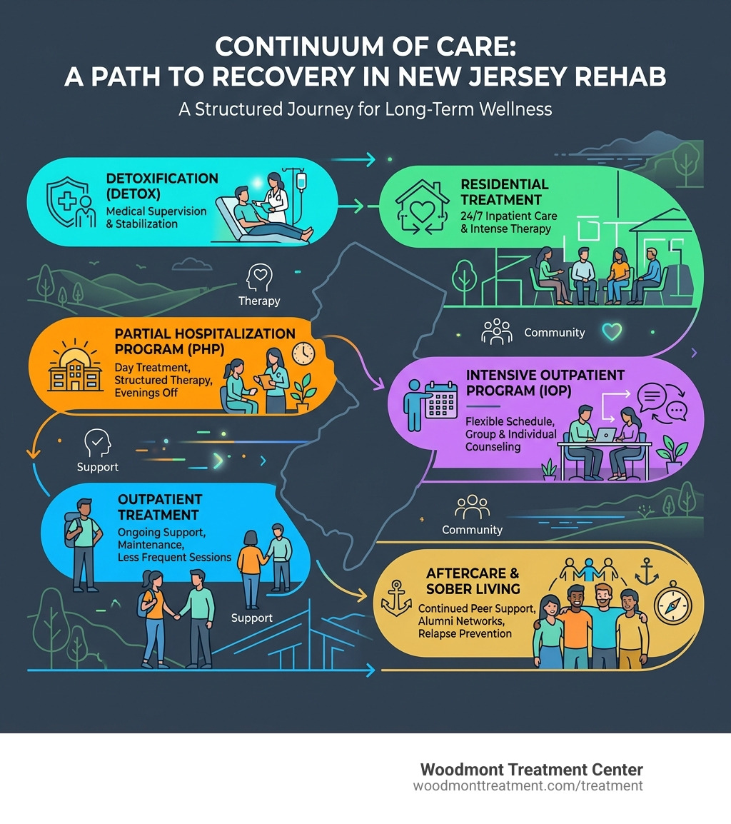 Infographic showing continuum of care from detox through residential, PHP, IOP, outpatient, and aftercare in New Jersey