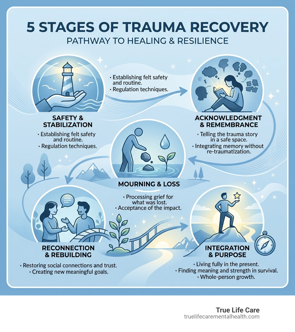 5 stages of trauma recovery infographic showing safety, acknowledgment, mourning, reconnection, and integration - Trama