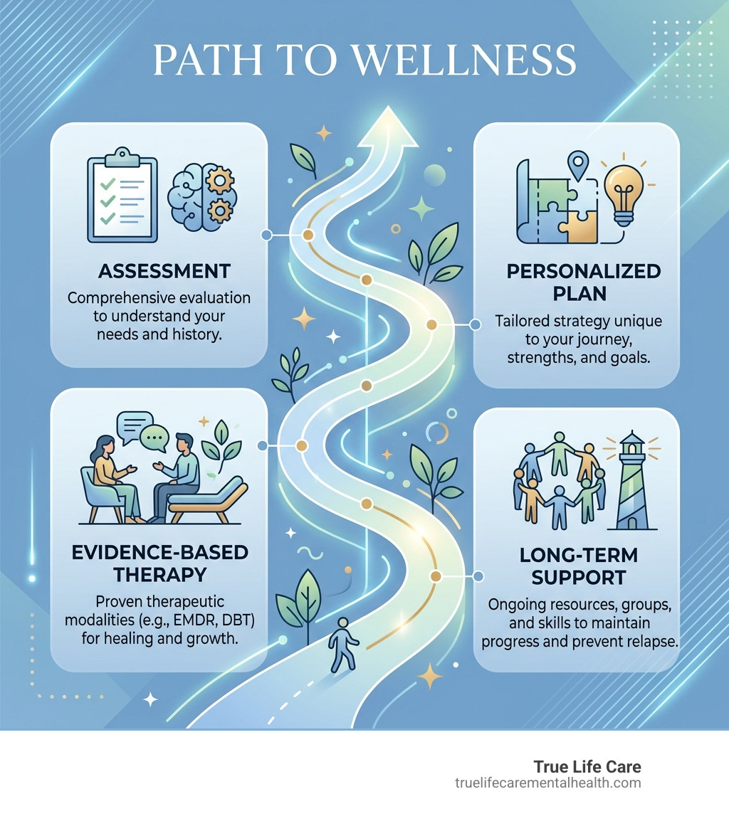 Infographic showing the path to wellness: Assessment, Personalized Plan, Evidence-Based Therapy, and Long-Term Support