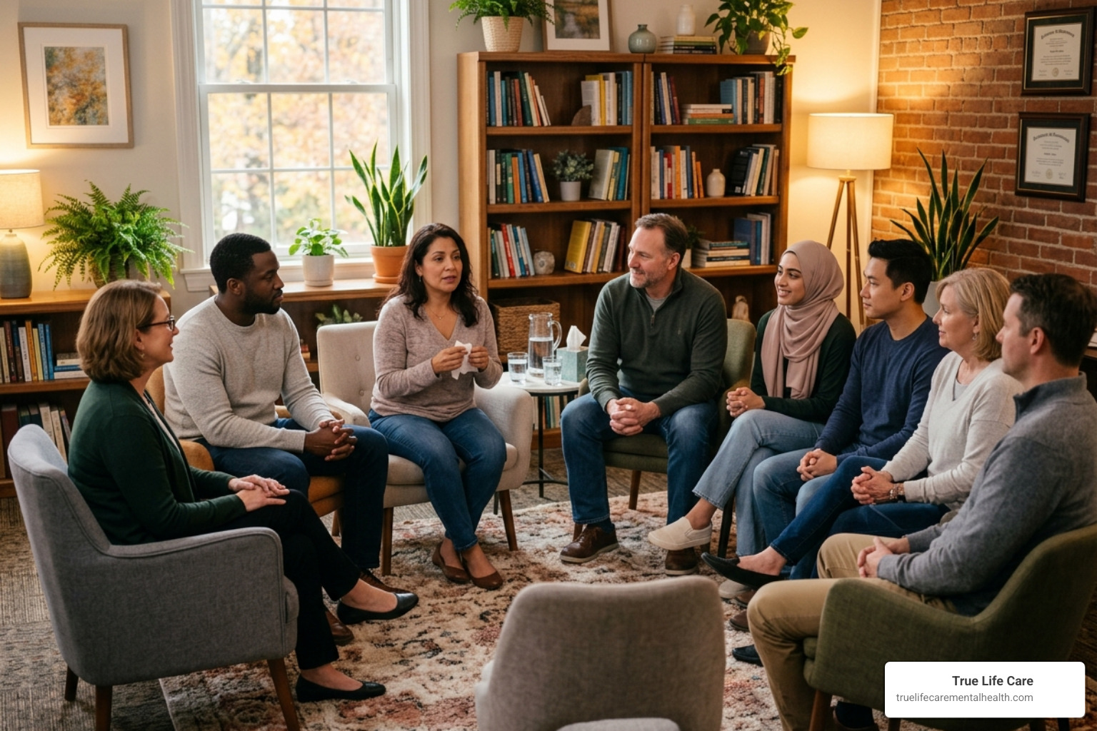 A supportive group therapy session in a warm, professional New Jersey office setting - Trama Treatment New Jersey