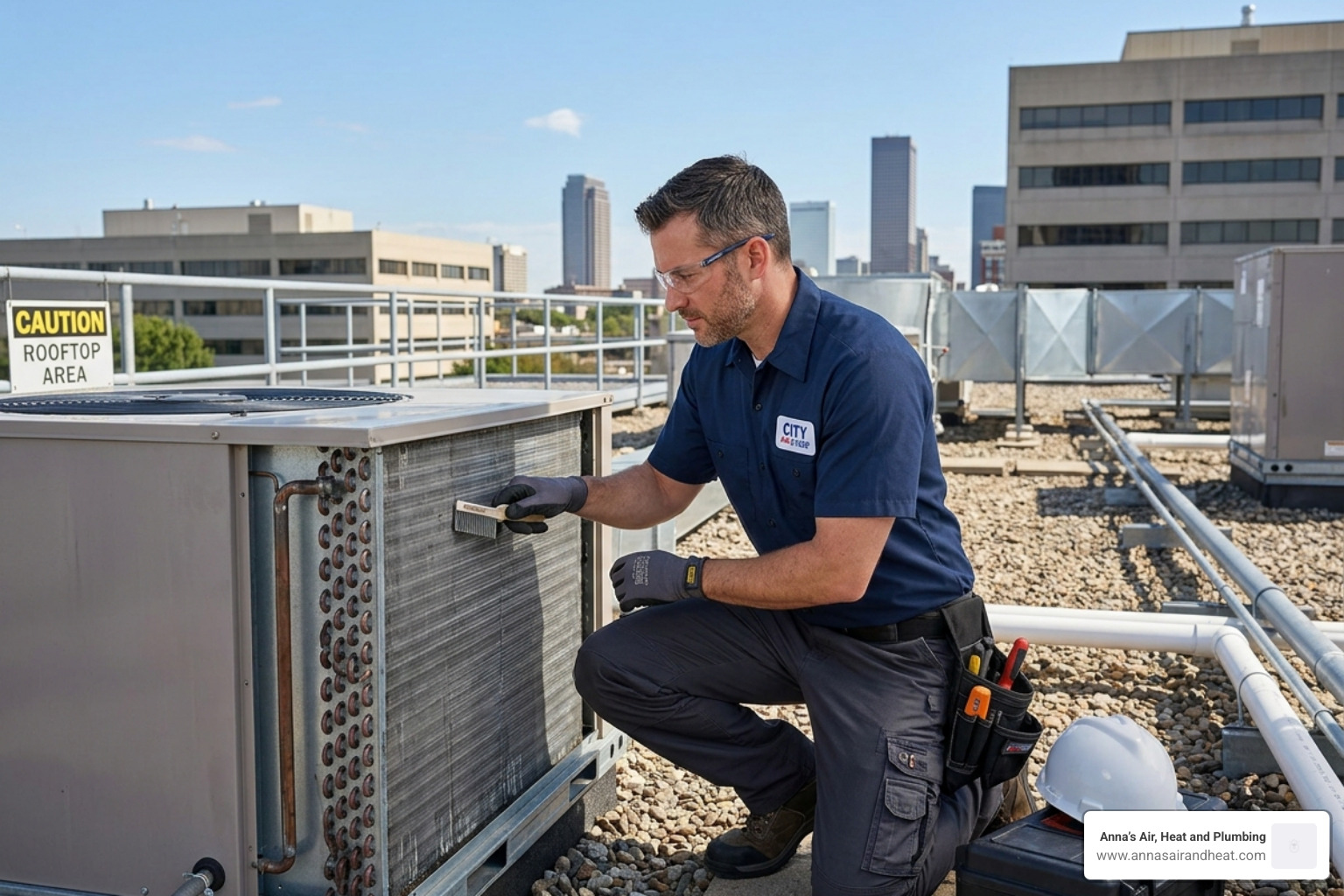 Technician in professional uniform inspecting outdoor condenser coils on a commercial rooftop unit - commercial hvac Technician in professional uniform inspecting outdoor condenser coils on a commercial rooftop unit - commercial hvac