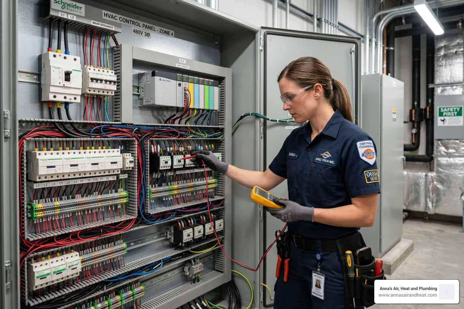 certified technician in professional attire inspecting a complex commercial control panel with wiring - choosing the right certified technician in professional attire inspecting a complex commercial control panel with wiring - choosing the right