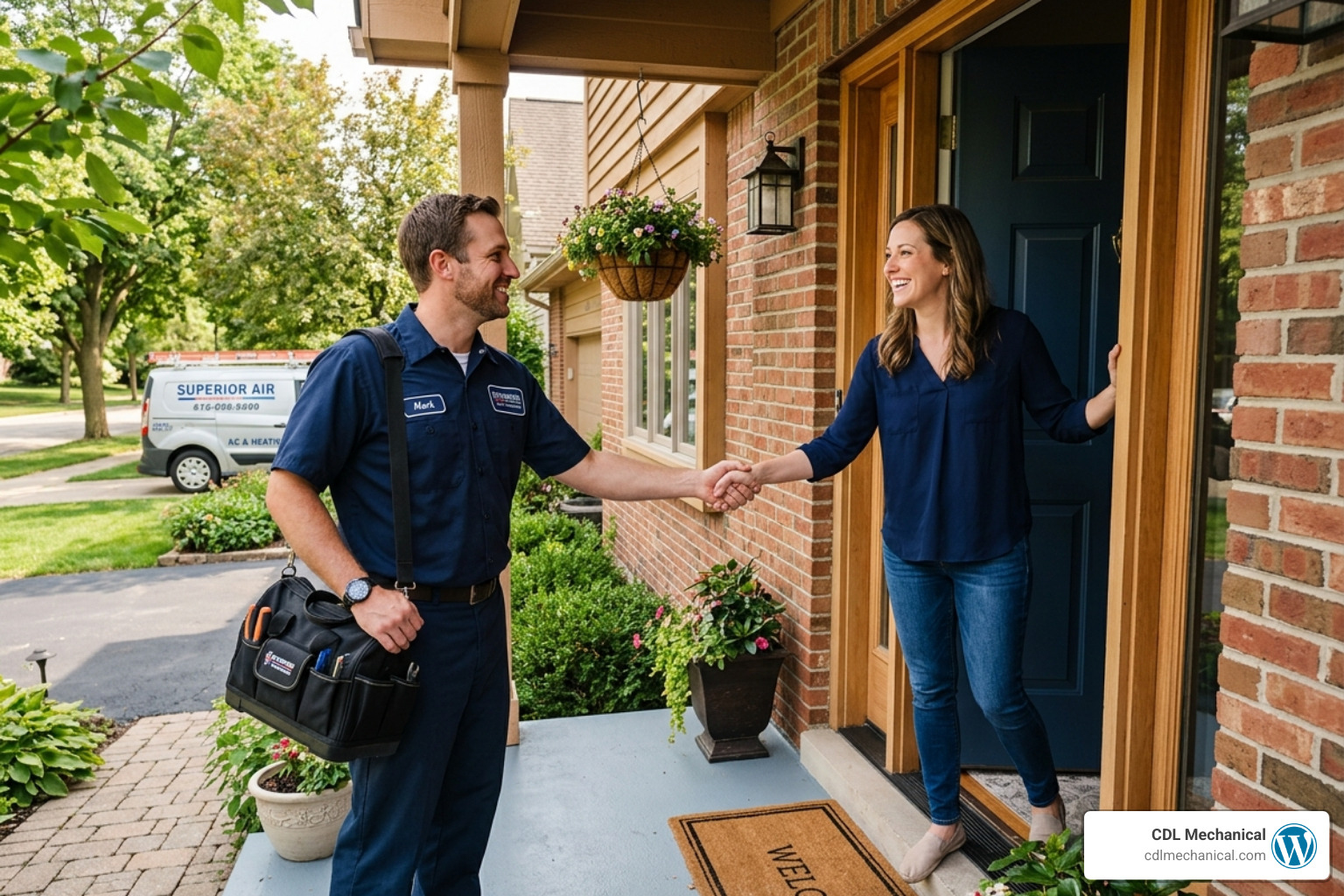 Friendly HVAC technician greeting a homeowner at their doorstep with a smile - what cdl means and how family values drive