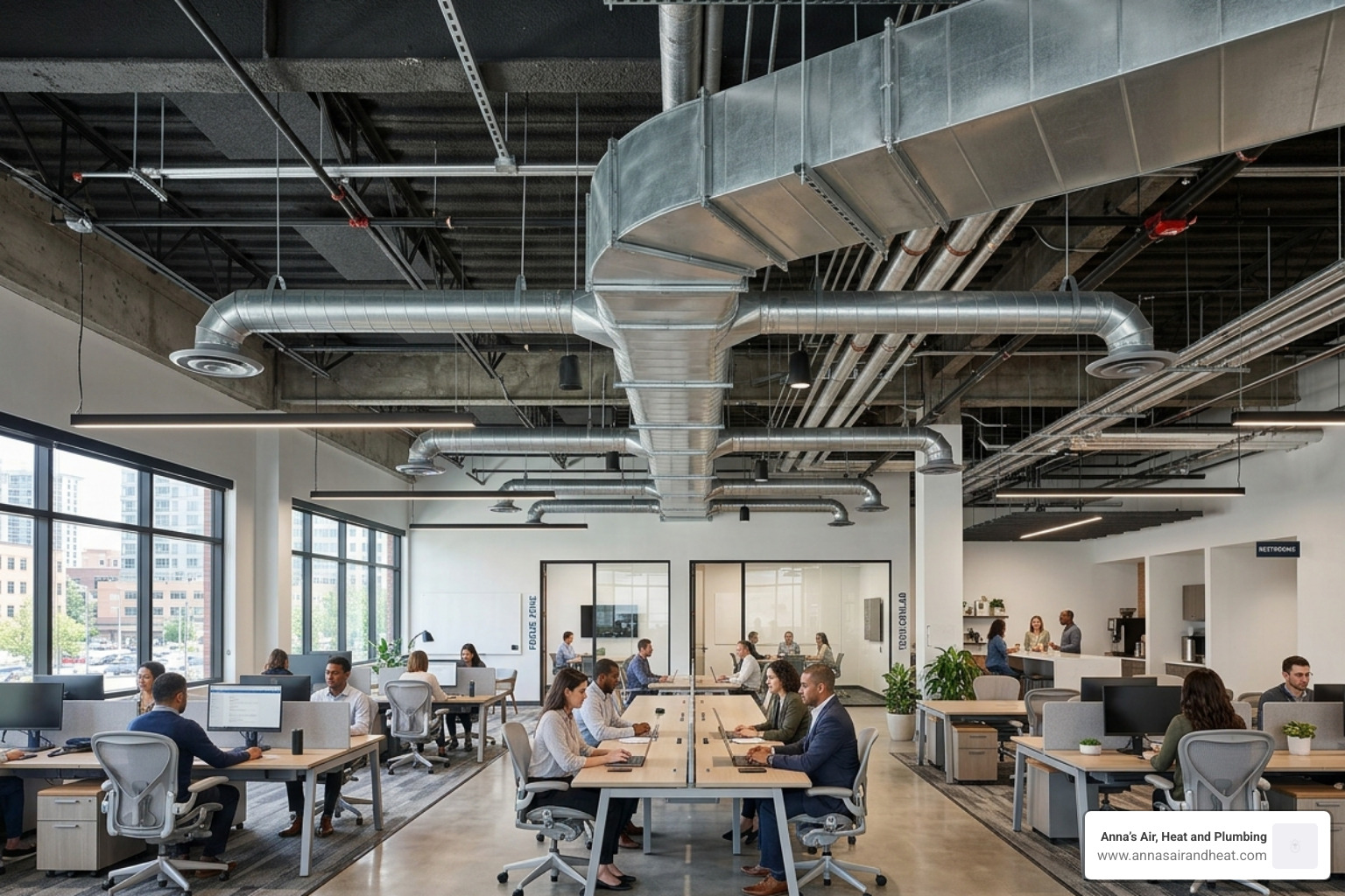 A view of large commercial ductwork and diffusers in an open-ceiling office space - how commercial hvac differs from A view of large commercial ductwork and diffusers in an open-ceiling office space - how commercial hvac differs from