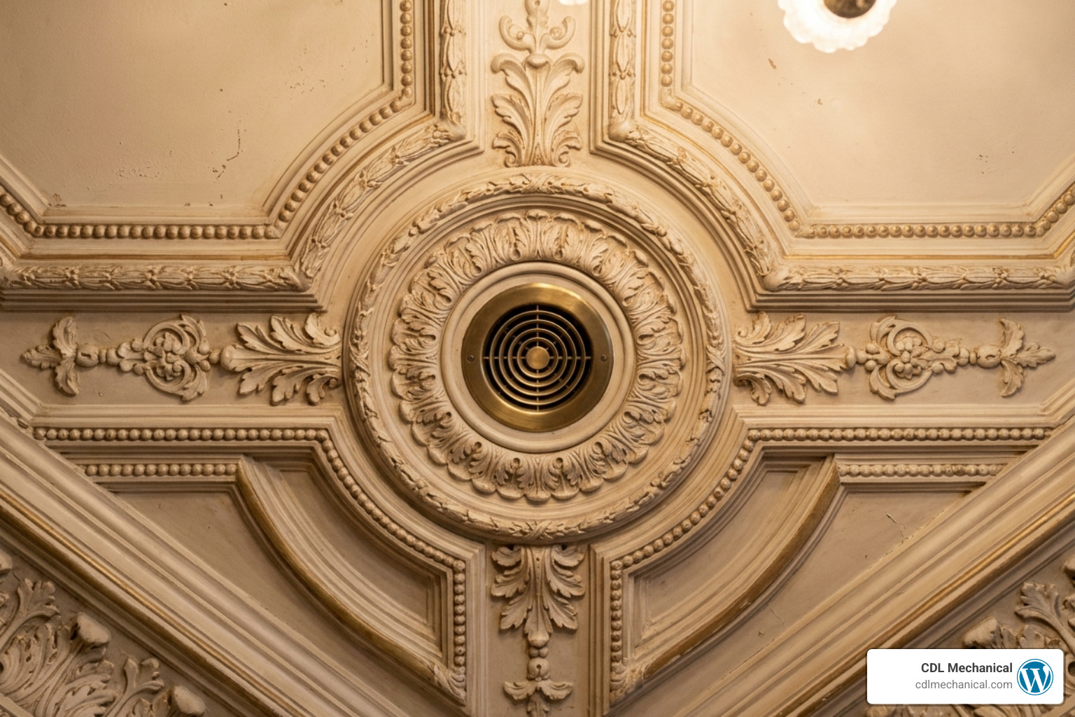 Close-up of a small 2-inch high-velocity air vent seamlessly integrated into a decorative ceiling - adding cooling without Close-up of a small 2-inch high-velocity air vent seamlessly integrated into a decorative ceiling - adding cooling without