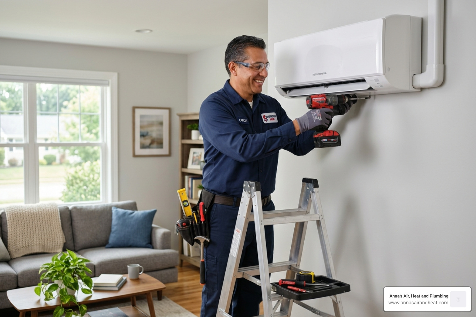 Technician installing a sleek indoor mini split air handler on a living room wall - mini split vs central ac cost comparison Technician installing a sleek indoor mini split air handler on a living room wall - mini split vs central ac cost comparison