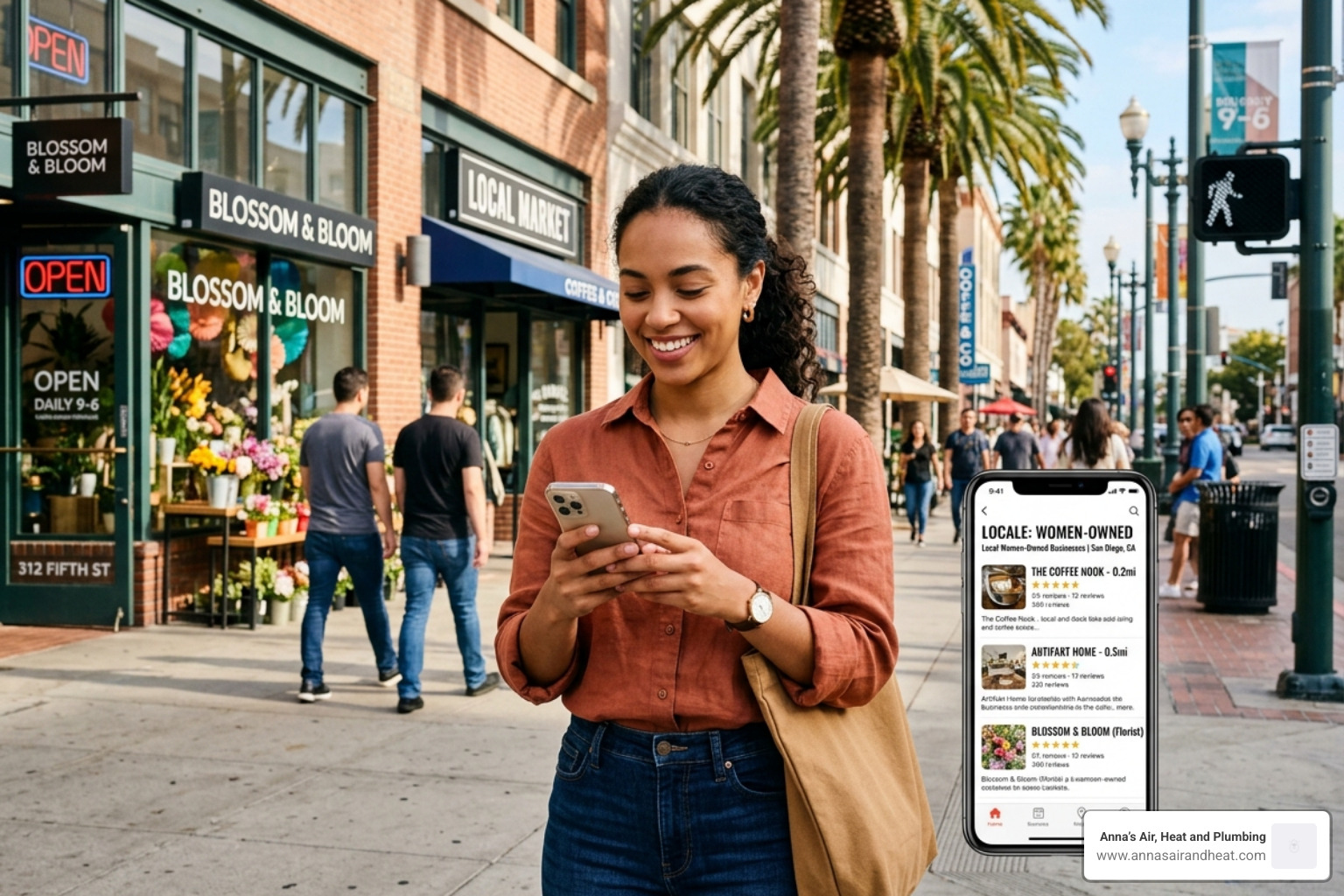 A consumer using a mobile directory on their phone to find local woman-owned shops in a sunny downtown area - supporting A consumer using a mobile directory on their phone to find local woman-owned shops in a sunny downtown area - supporting