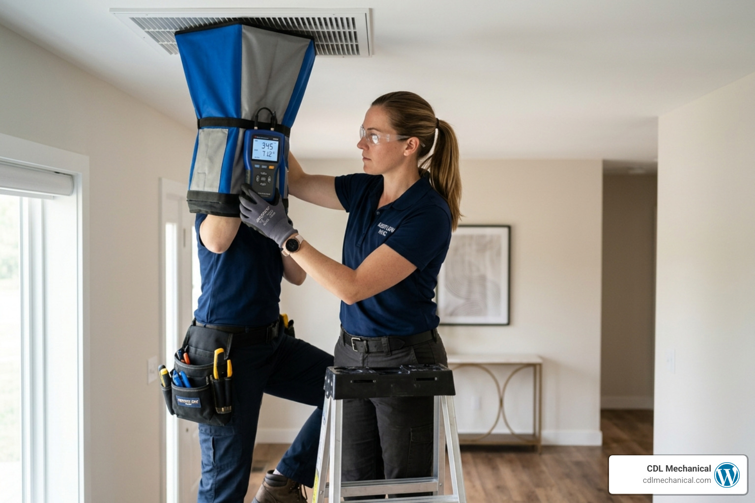 HVAC technician using a professional capture hood to measure airflow from a ceiling register - what does air balancing HVAC technician using a professional capture hood to measure airflow from a ceiling register - what does air balancing