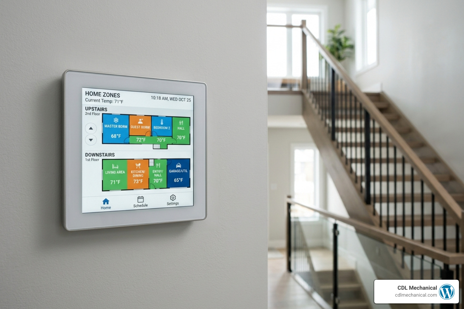 A modern smart thermostat interface showing different temperature zones for a multi-story home - air balancing solutions for