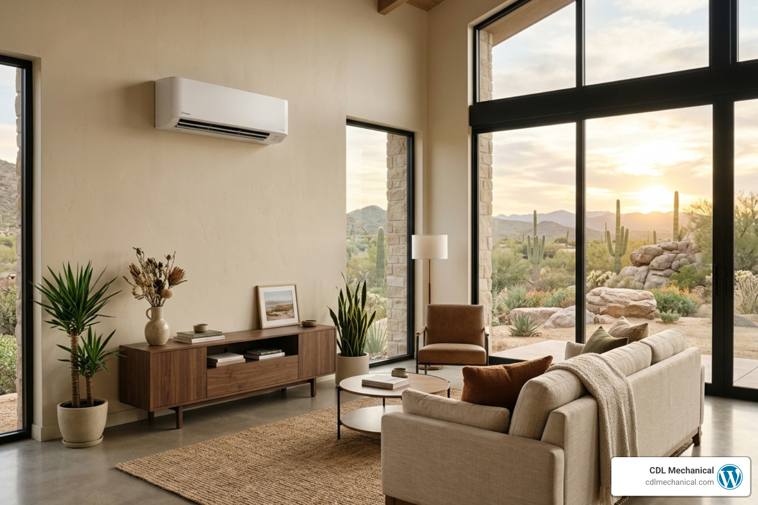 Sleek modern wall-mounted ductless mini-split unit in a contemporary Arizona living room - adding cooling without ductwork Sleek modern wall-mounted ductless mini-split unit in a contemporary Arizona living room - adding cooling without ductwork