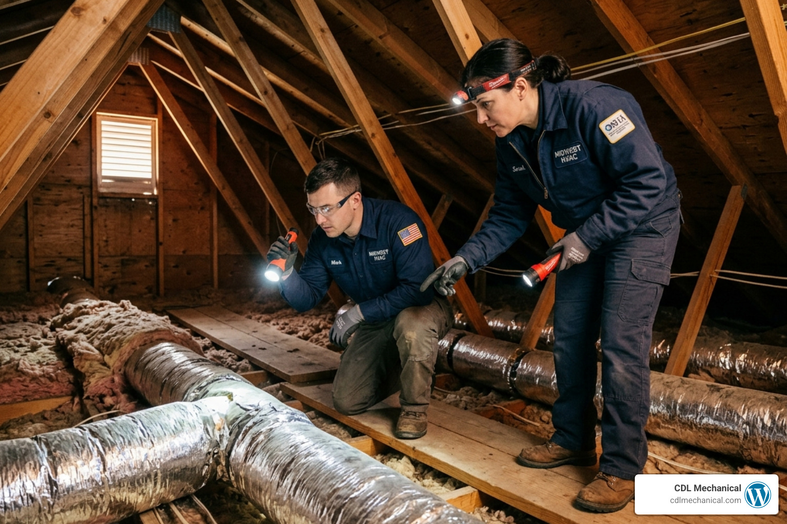HVAC technicians inspecting attic space for ductwork installation - mini split vs central ac cost comparison HVAC technicians inspecting attic space for ductwork installation - mini split vs central ac cost comparison