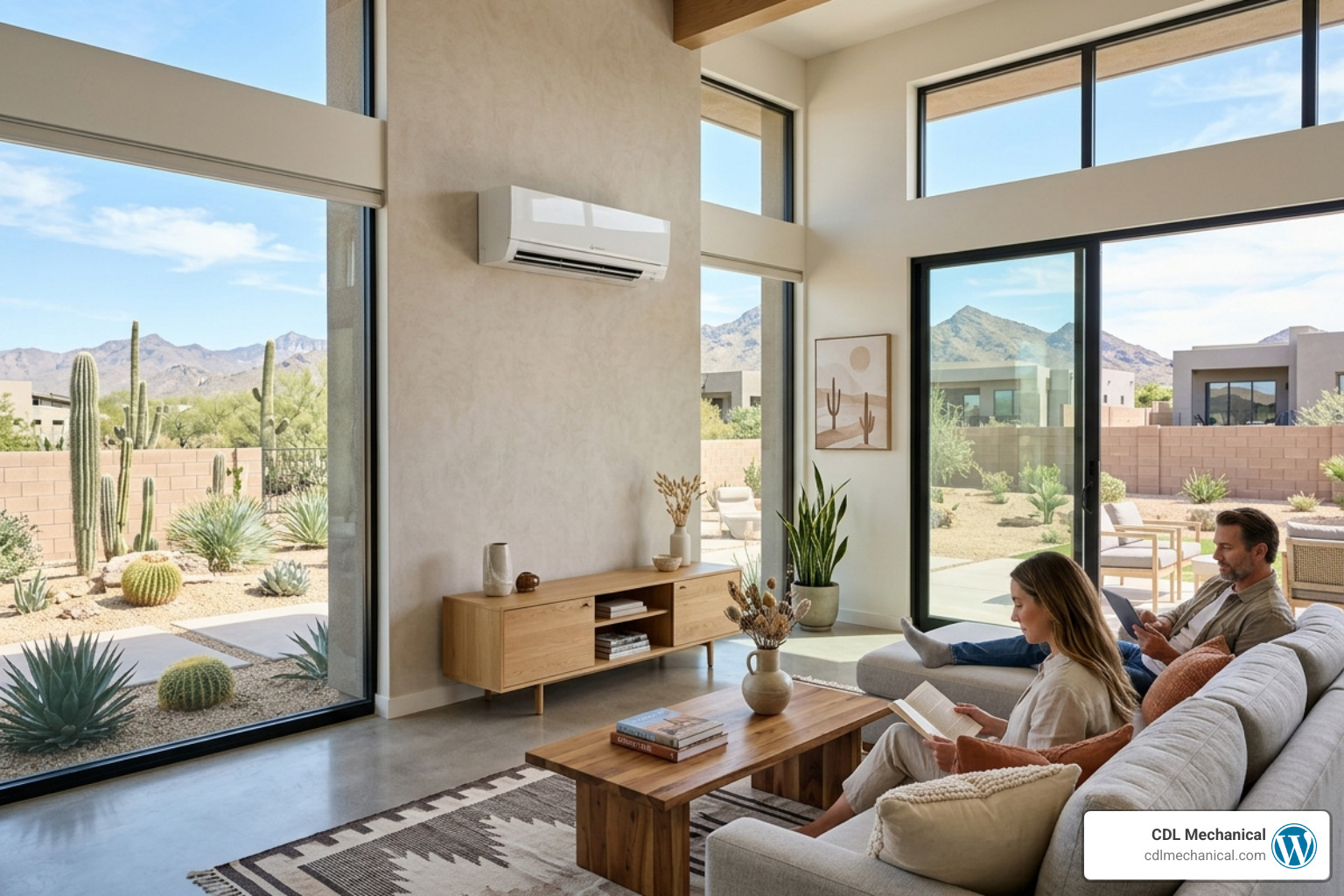 Sleek wall-mounted mini-split unit in a modern West Valley living room - central air vs mini split for the phoenix west Sleek wall-mounted mini-split unit in a modern West Valley living room - central air vs mini split for the phoenix west