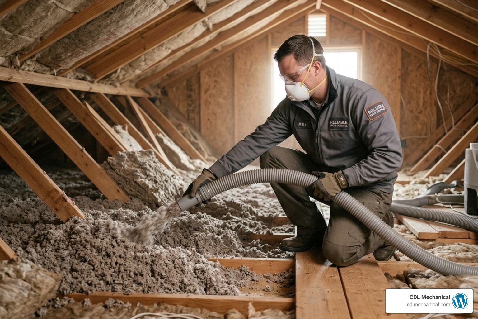 Professional HVAC technician installing thick energy-efficient blown-in insulation in a residential attic - aps rebates for Professional HVAC technician installing thick energy-efficient blown-in insulation in a residential attic - aps rebates for