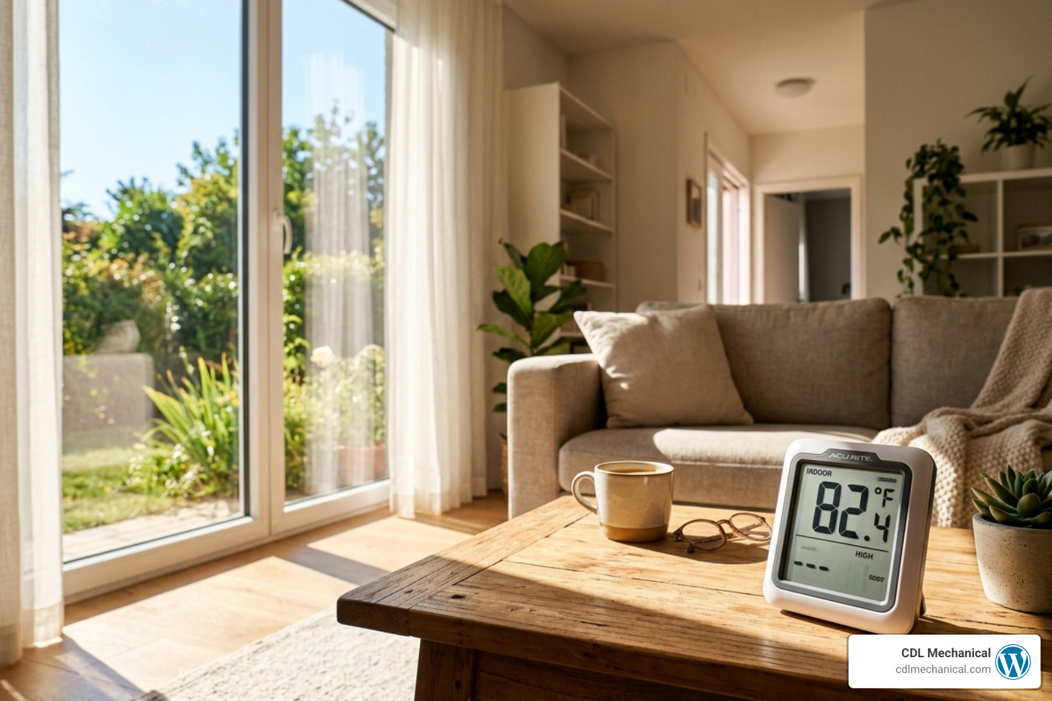 Digital thermometer in a sunlit room showing a high temperature compared to the rest of the house - what does air balancing Digital thermometer in a sunlit room showing a high temperature compared to the rest of the house - what does air balancing