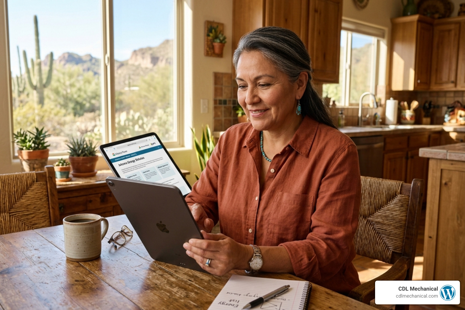 Homeowner in Arizona using a tablet to research energy rebates and check eligibility online - how to apply for energy