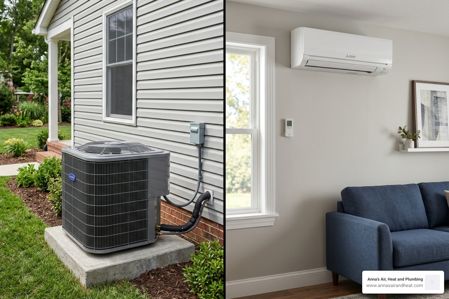 close-up of a central AC condenser unit outside and a ductless indoor head unit mounted on a wall - central ac vs ductless close-up of a central AC condenser unit outside and a ductless indoor head unit mounted on a wall - central ac vs ductless