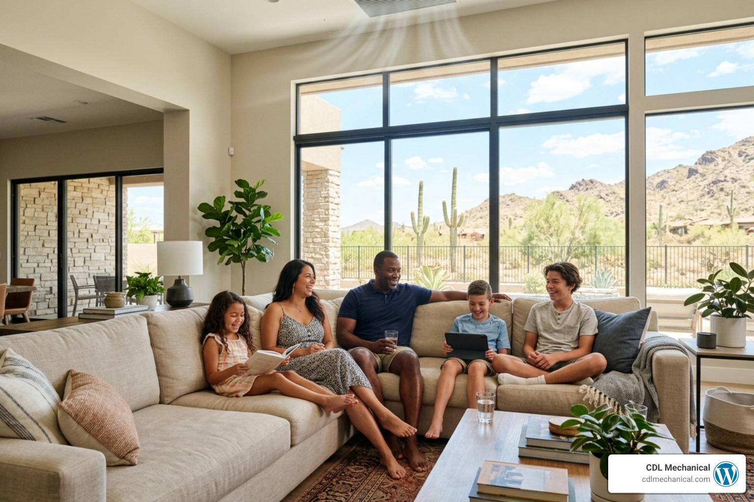 A family in Glendale AZ relaxing in a perfectly cooled and comfortable living room during a hot afternoon - air balancing A family in Glendale AZ relaxing in a perfectly cooled and comfortable living room during a hot afternoon - air balancing