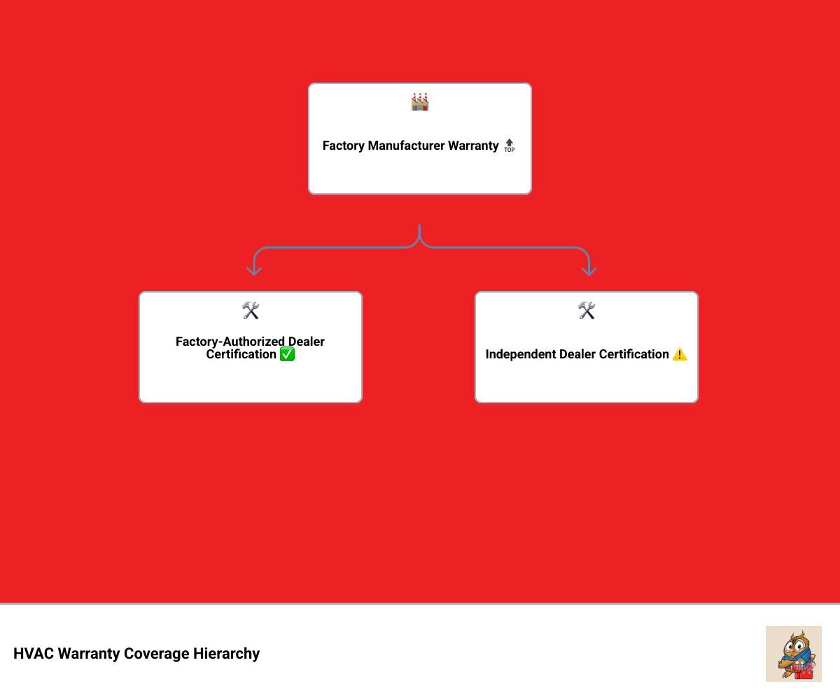 Infographic showing the hierarchy of HVAC warranty coverage from factory manufacturer down to dealer certification and