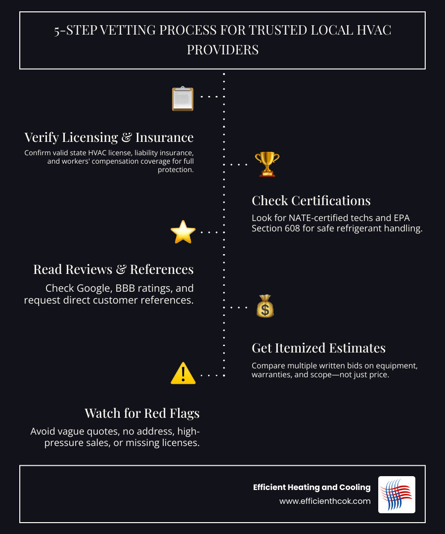 5-step infographic showing the vetting process for choosing a trusted local HVAC contractor - choosing a trusted local hvac