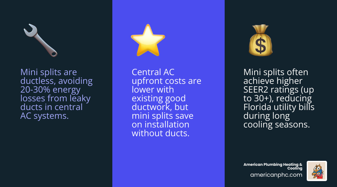 Infographic comparing mini split vs central AC: installation cost, SEER ratings, duct requirements, and efficiency - mini
