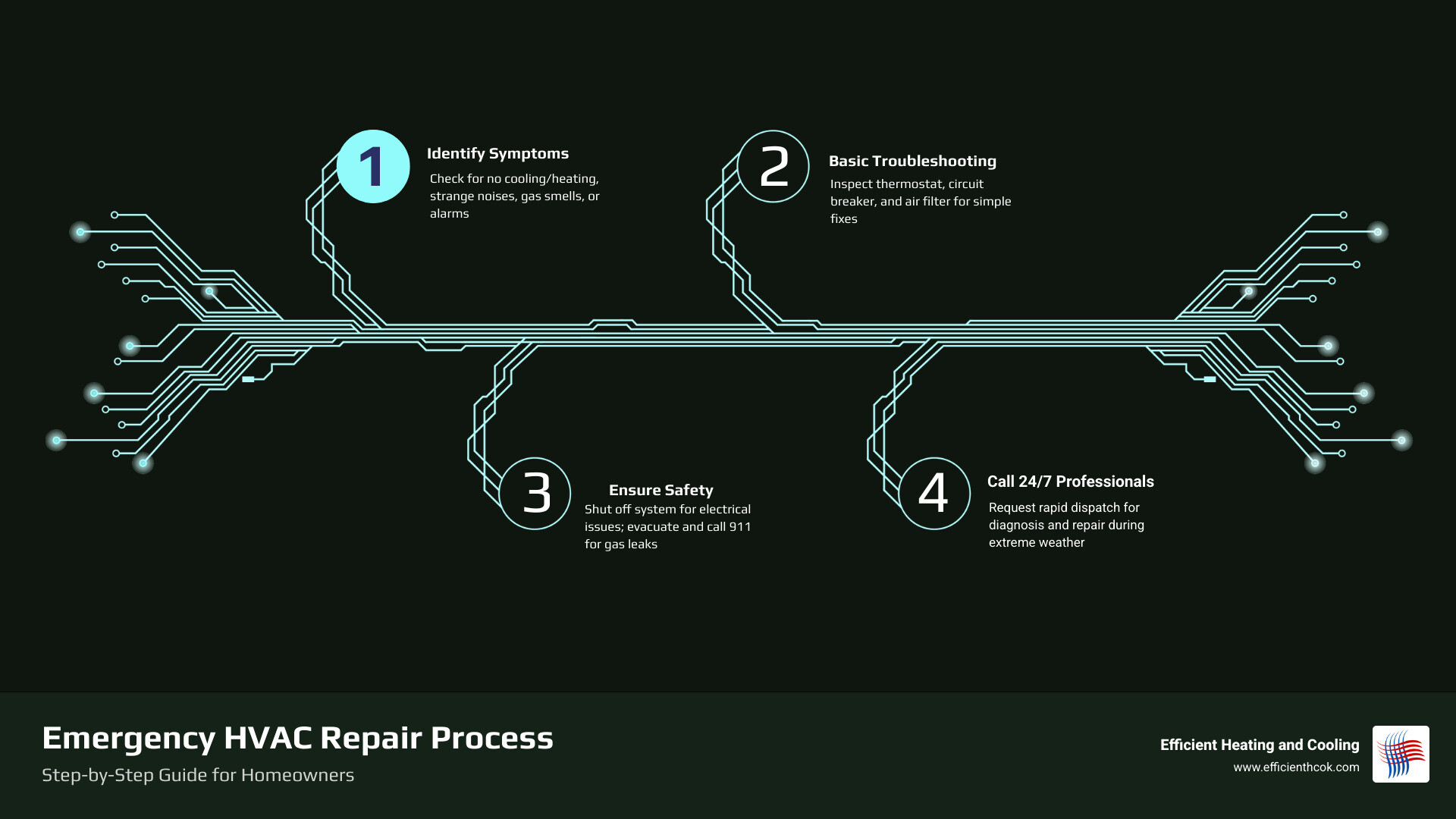 Infographic showing step-by-step emergency HVAC repair process from identifying symptoms to technician arrival and repair