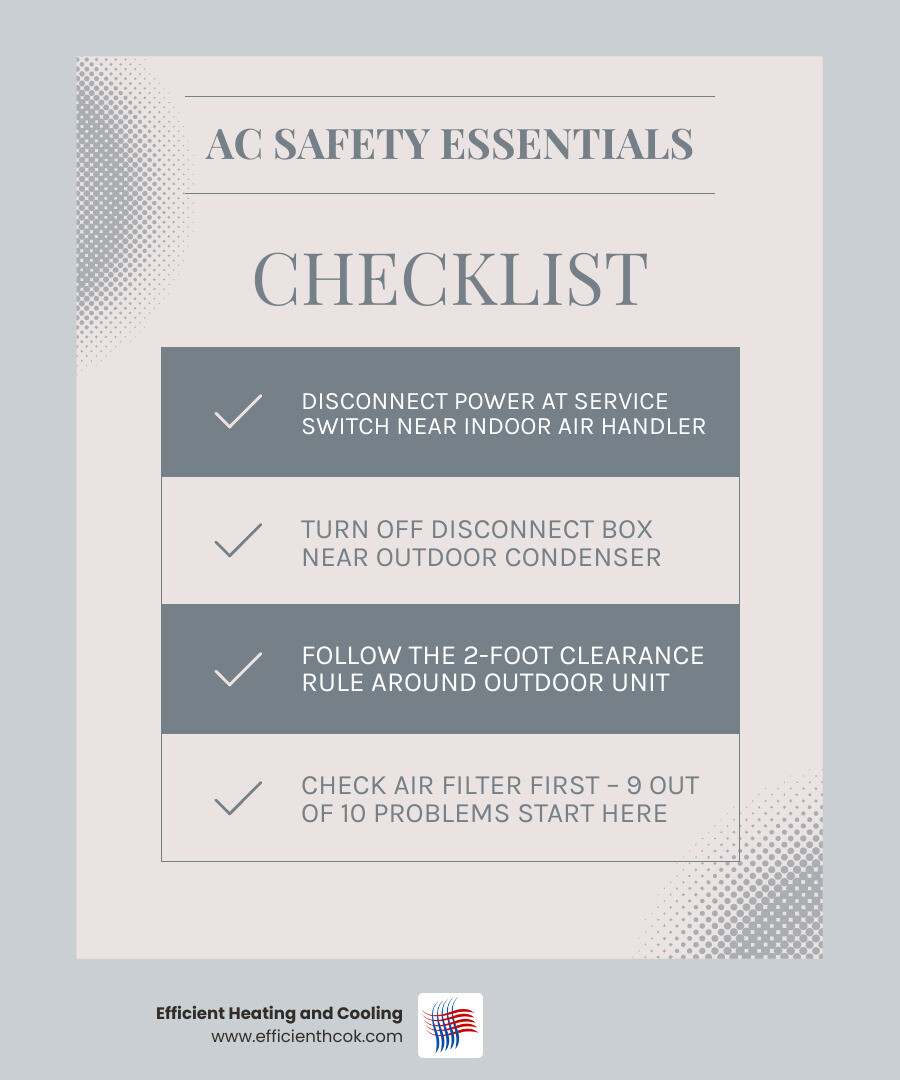 Infographic showing how to safely access an indoor air handler and locate the power shut-off switch - ac troubleshooting