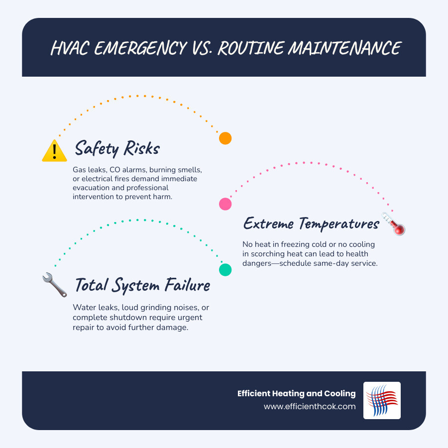 Infographic showing emergency vs non-emergency HVAC warning signs with icons and urgency levels - signs you need emergency