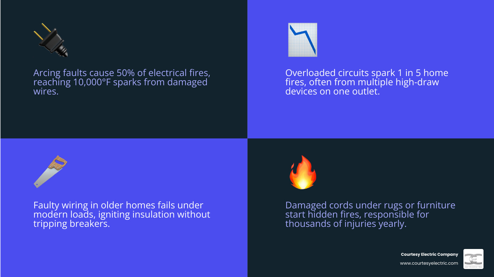 Top 5 electrical fire hazards in modern homes infographic showing arcing faults, overloaded circuits, faulty wiring, damaged