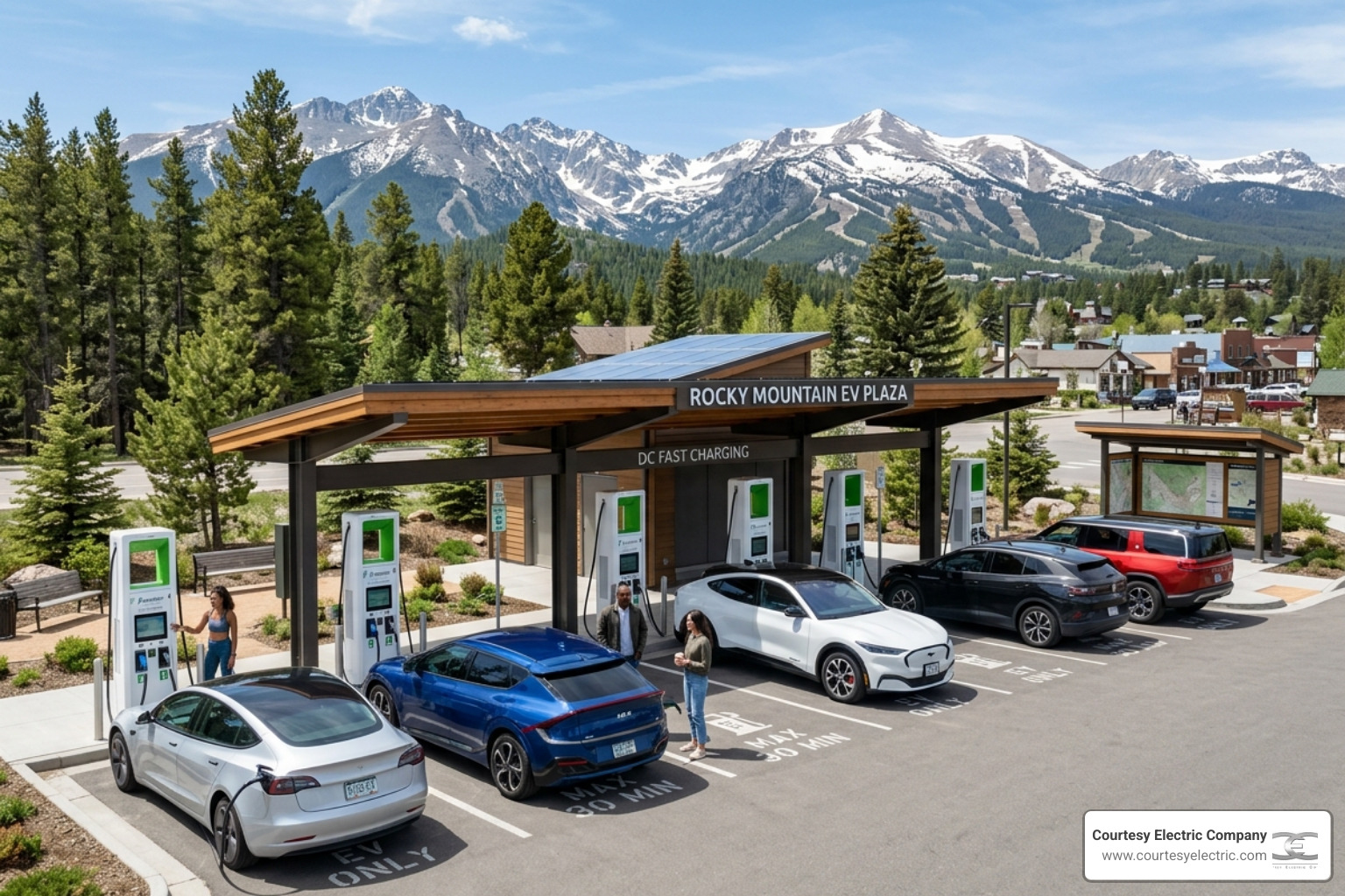 A modern public Level 3 DC Fast Charging plaza in a Colorado community setting - colorado ev charger incentive programs A modern public Level 3 DC Fast Charging plaza in a Colorado community setting - colorado ev charger incentive programs