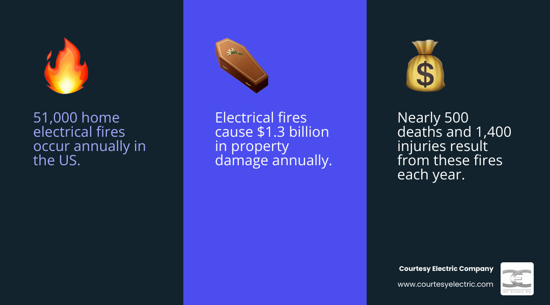 Infographic showing top causes of home electrical fires and key prevention steps - how to prevent electrical fires in your