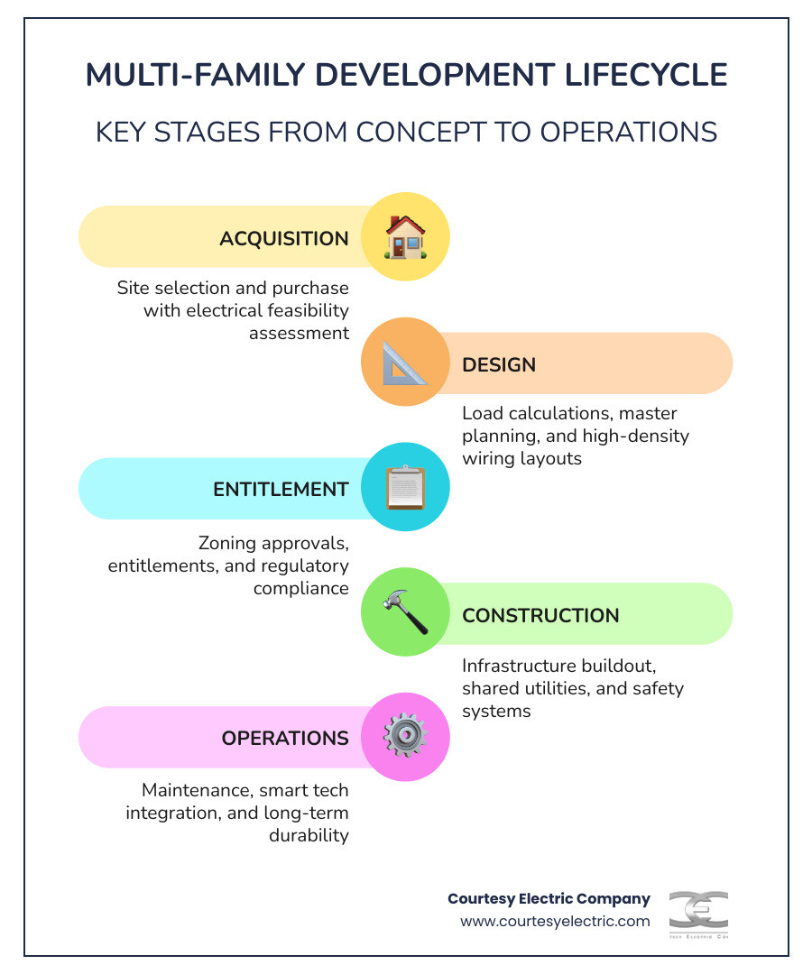 Infographic showing multi-family development lifecycle stages: acquisition, design, entitlement, construction, operations Infographic showing multi-family development lifecycle stages: acquisition, design, entitlement, construction, operations