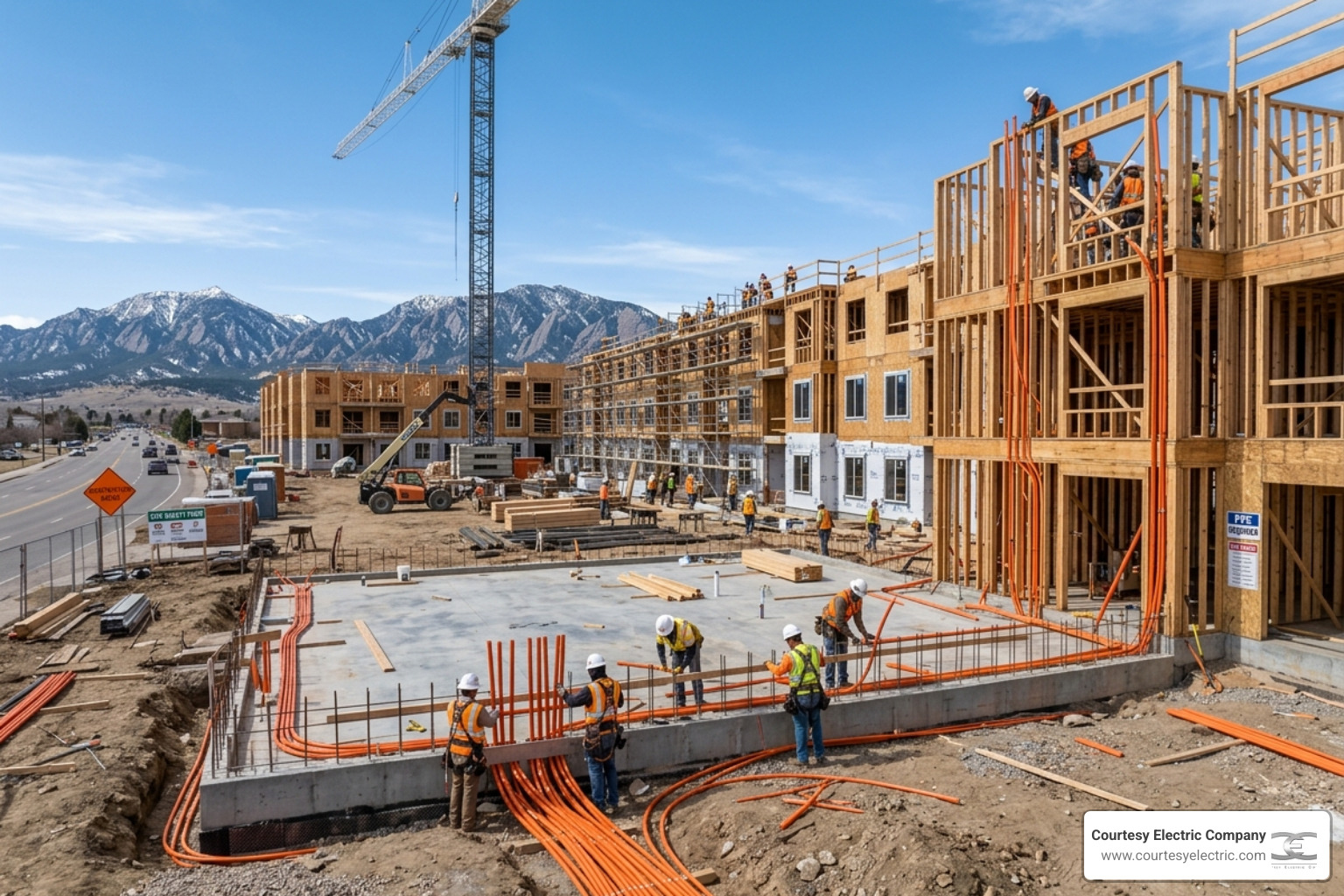 A large-scale apartment complex under construction in the Colorado Front Range with electrical conduits visible - how multi A large-scale apartment complex under construction in the Colorado Front Range with electrical conduits visible - how multi