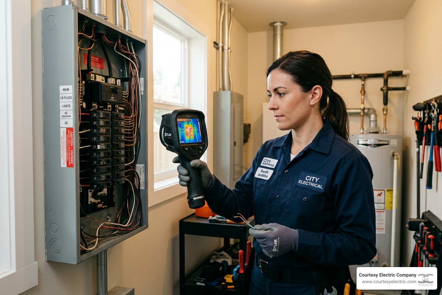 Electrician using a thermal camera to inspect a residential electrical panel for hot spots - how to prevent electrical fires