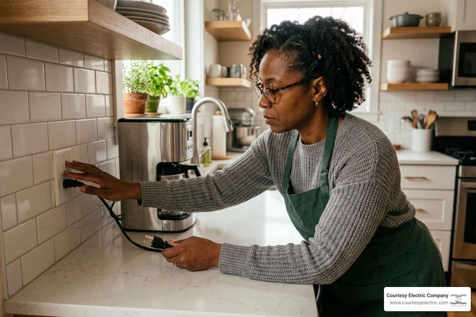 A homeowner carefully inspecting a wall outlet for signs of heat or loose connections - electrical fire safety checklist for
