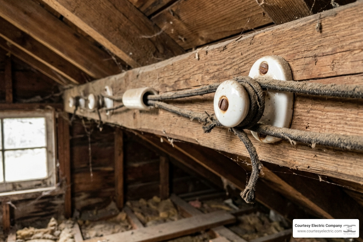 knob-and-tube wiring in an attic with porcelain insulators and cloth-covered wires - electrical safety checklist for older