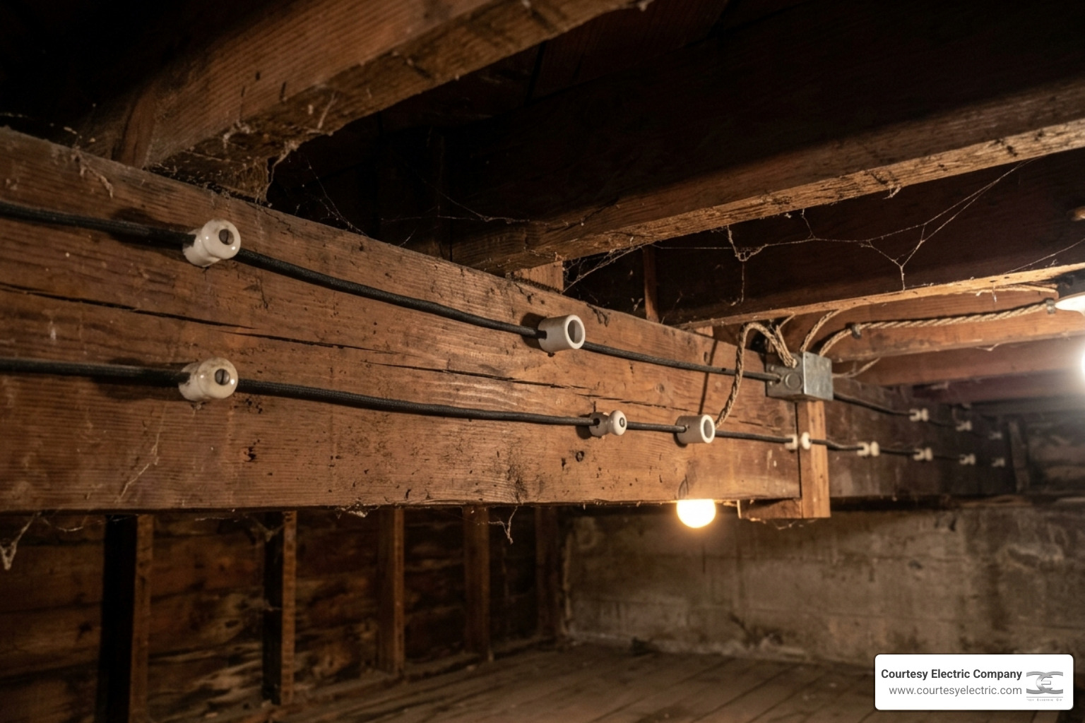 Old knob-and-tube wiring visible in a dark basement ceiling - how outdated wiring increases fire risk