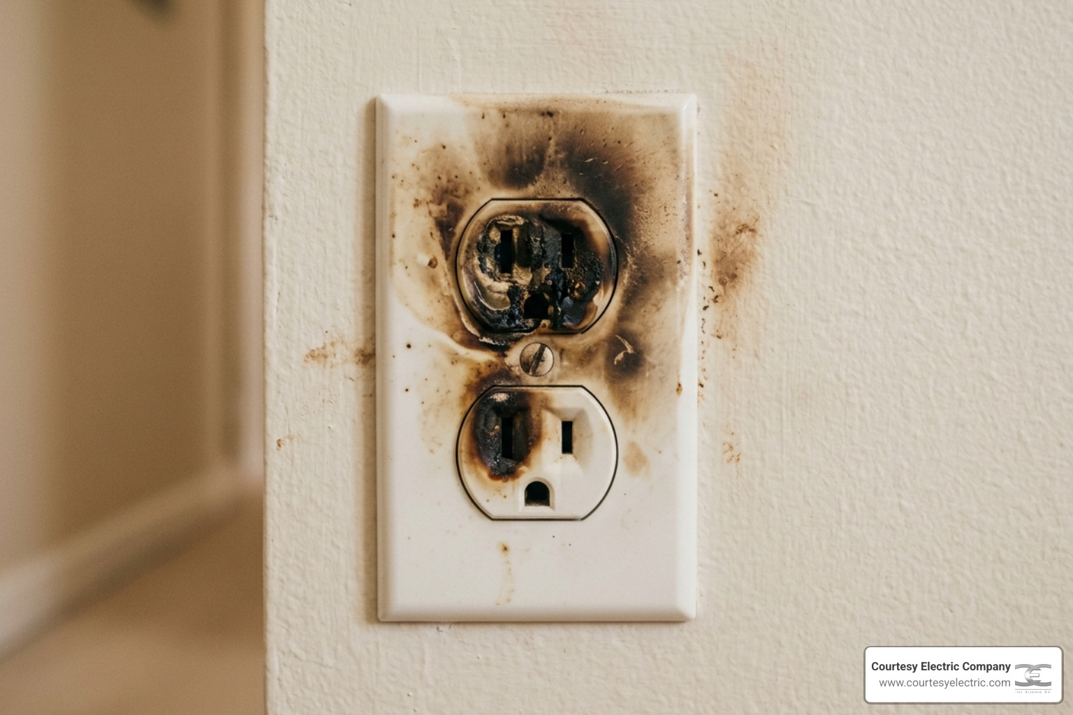 A scorched electrical outlet showing brown heat damage around the plug holes - how to spot electrical problems before they A scorched electrical outlet showing brown heat damage around the plug holes - how to spot electrical problems before they