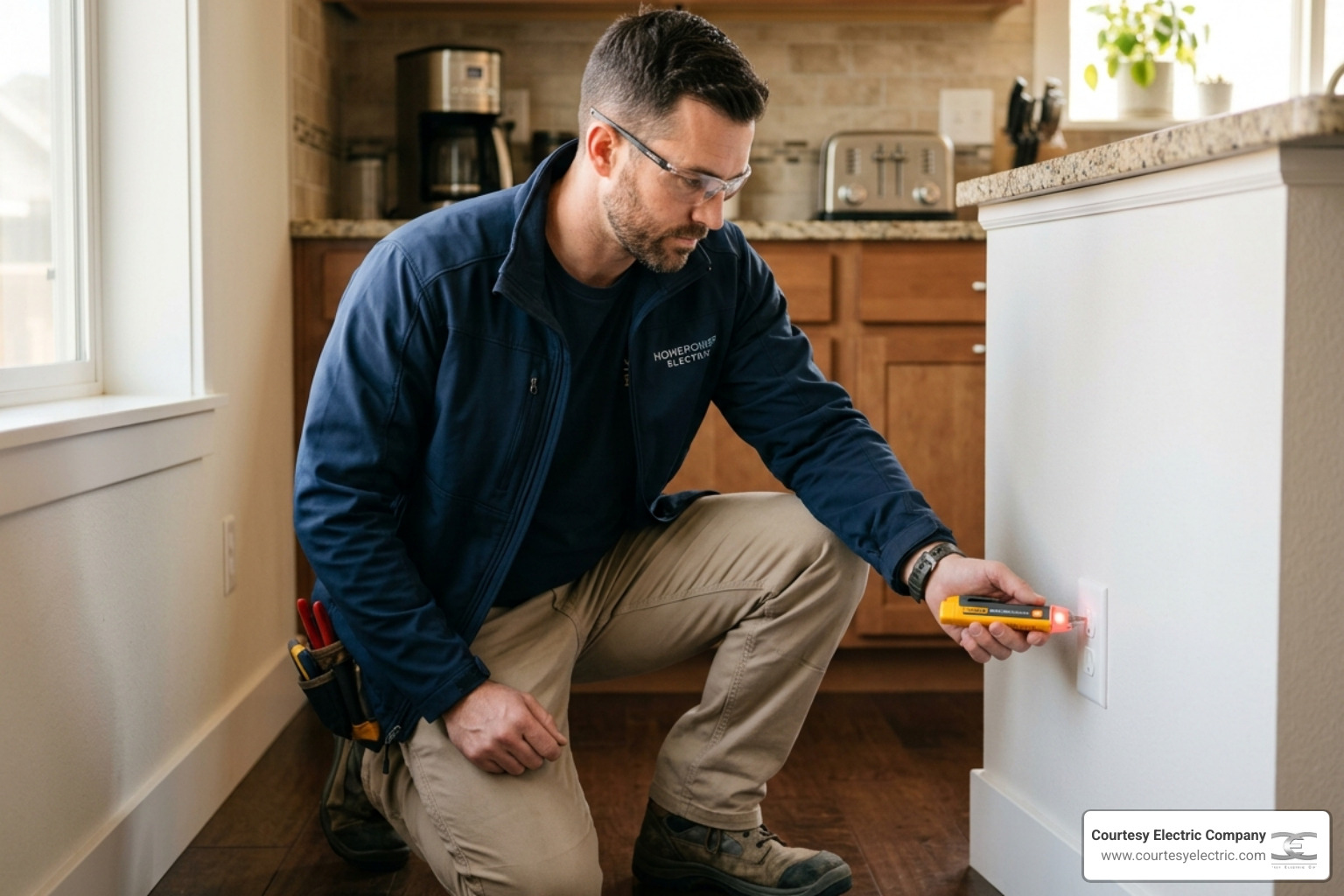 professional using a non-contact voltage tester on a wall outlet to ensure power is off - when to call an electrician vs diy