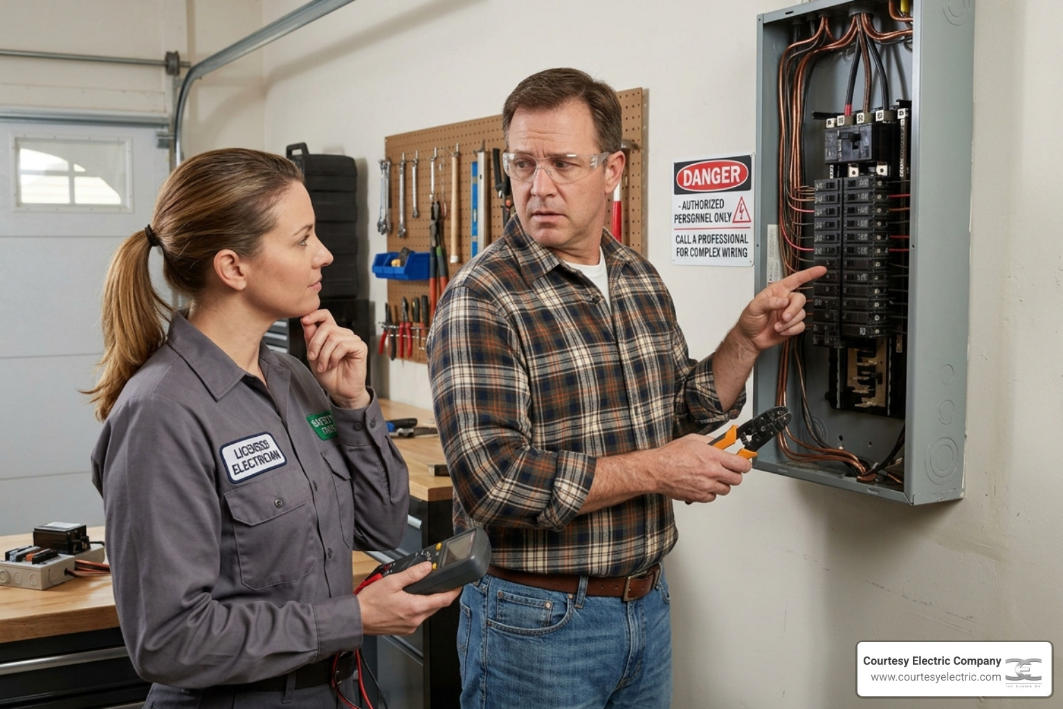 homeowner inspecting a modern circuit breaker panel - when to call an electrician vs diy
