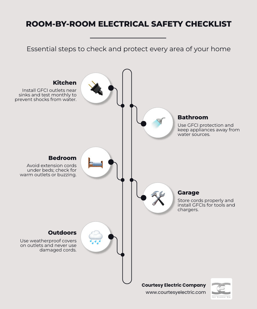 Room-by-room home electrical safety checklist infographic for homeowners - electrical safety tips every homeowner should Room-by-room home electrical safety checklist infographic for homeowners - electrical safety tips every homeowner should