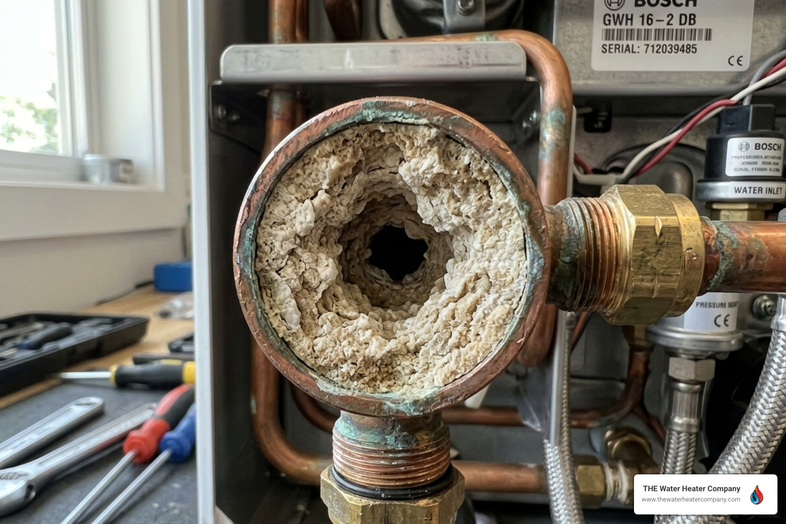 Close-up of mineral scale buildup inside a copper heat exchanger pipe - professional vs diy tankless descaling Close-up of mineral scale buildup inside a copper heat exchanger pipe - professional vs diy tankless descaling