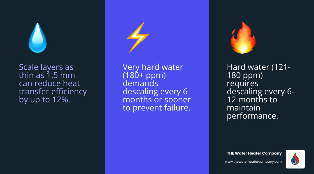 Infographic showing descaling frequency by water hardness level and key benefits of regular tankless water heater Infographic showing descaling frequency by water hardness level and key benefits of regular tankless water heater