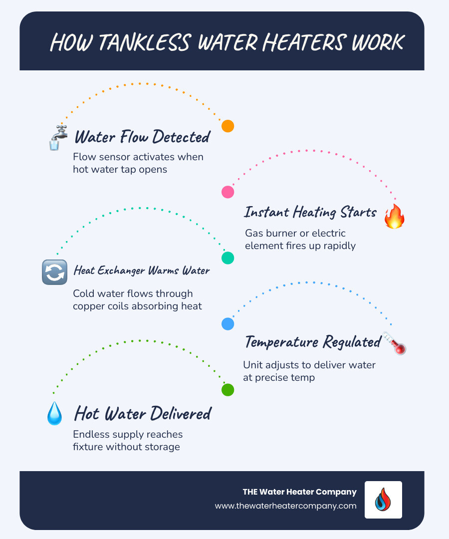 Infographic showing step-by-step flow of water through a tankless water heater unit - tankless water heater benefits and how Infographic showing step-by-step flow of water through a tankless water heater unit - tankless water heater benefits and how