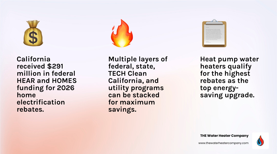 Infographic showing 2026 California water heater rebate programs, eligibility tiers, and application steps - how to apply Infographic showing 2026 California water heater rebate programs, eligibility tiers, and application steps - how to apply