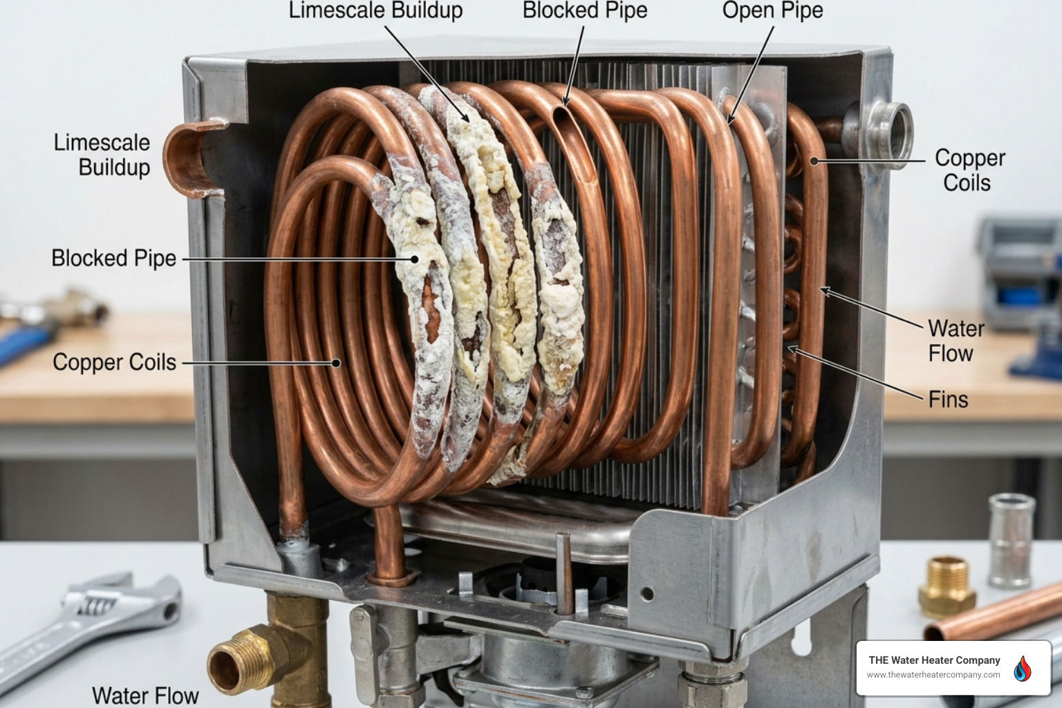 Cross-section of a scaled tankless heat exchanger showing narrow passages blocked by white mineral deposits - what happens Cross-section of a scaled tankless heat exchanger showing narrow passages blocked by white mineral deposits - what happens