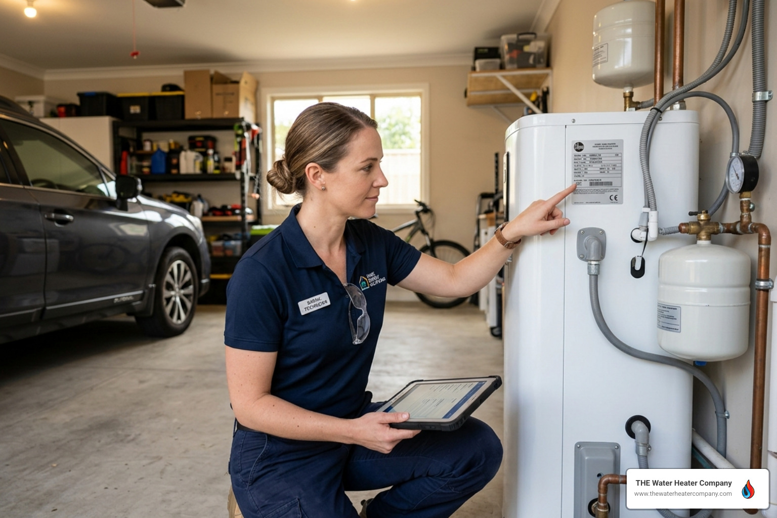 A professional technician in a clean uniform verifying the model number on a modern heat pump water heater - how to apply A professional technician in a clean uniform verifying the model number on a modern heat pump water heater - how to apply